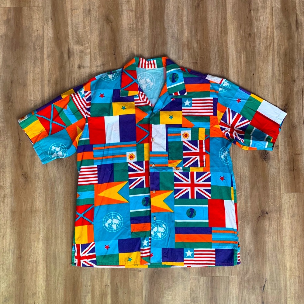 Multi-Country Flag Short Sleeve Button Up